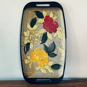 Vintage 70s Gold and Bright Floral Pattern Lacquerware Serving Tray with Handles